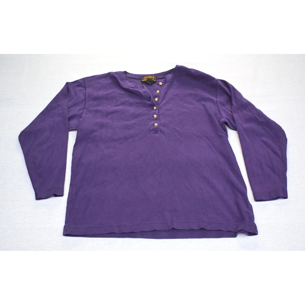 Eddie Bauer Vintage 90s Womens M Petite 100% Cotton Henley Purple Long Sleeve